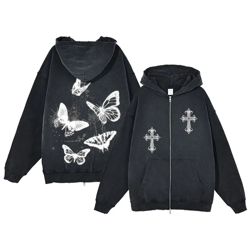 Y2K Zip Up Hoodie for Men Cross Print Loose Long Sleeve Pullover