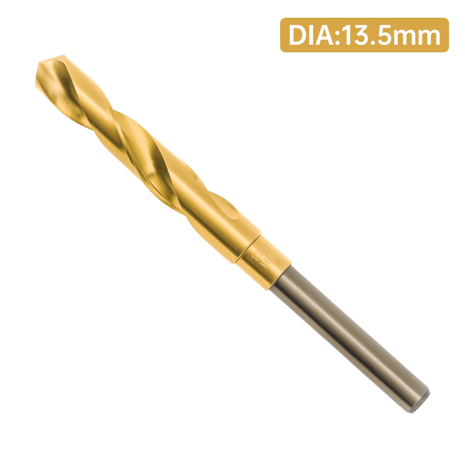 17/32 inch Metric 13.5 mm Dia HSS Titanium Coating 118 Degree Drill Tip Reduced Shank Drill with 3/8 inch Shank