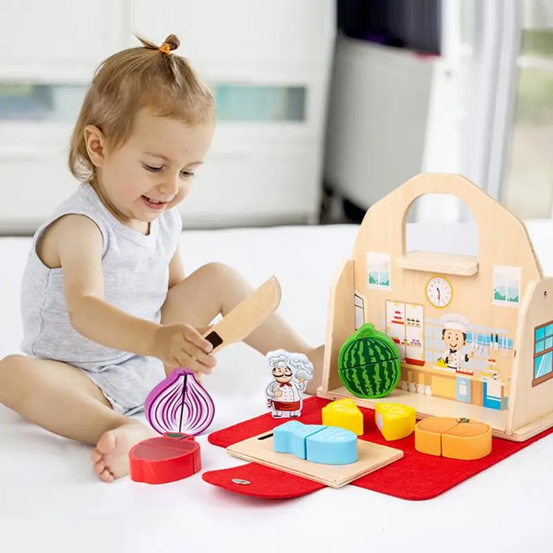 

Cutting Play Food Toy Wooden Kids Kitchen Cooking Play Toy Portable Pretend Set Accessories Interactive Food Early Education For