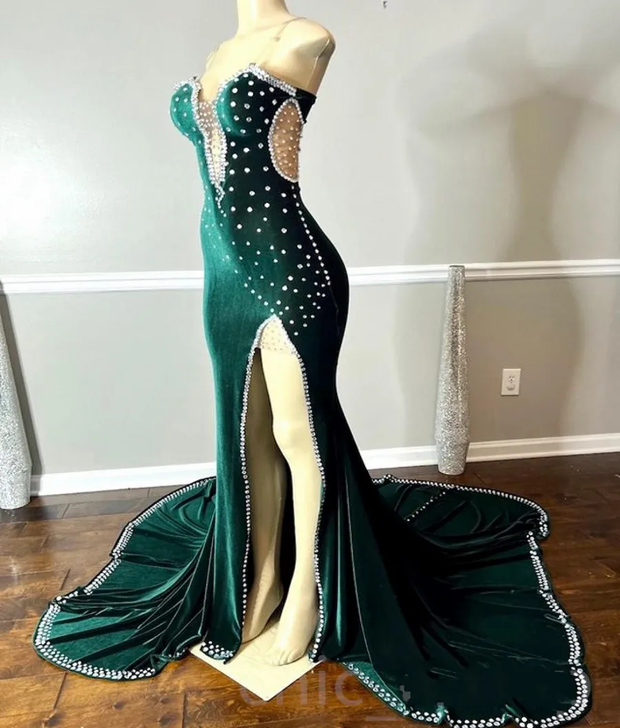 Vestidos De graduación De sirena verde personalizados, cuentas sin tirantes, limo De terciopelo, vestidos largos De noche formales De compromiso para cumpleaños, bata De sorio