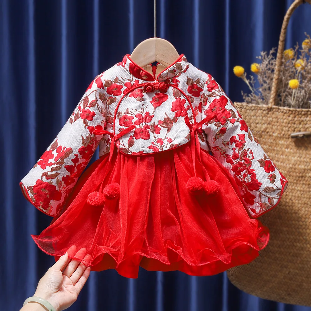 New Year Chinese Style Tang-suit Children Clothes Kids Thick Pink Red Dress Baby Girls Outfits