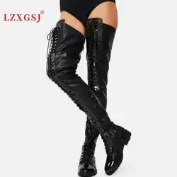 Lace Up Bar Nightclub Women's Over The Knee Boots Big Size 34-46 Low Heels Boots Side Zip Black Red Long Boots