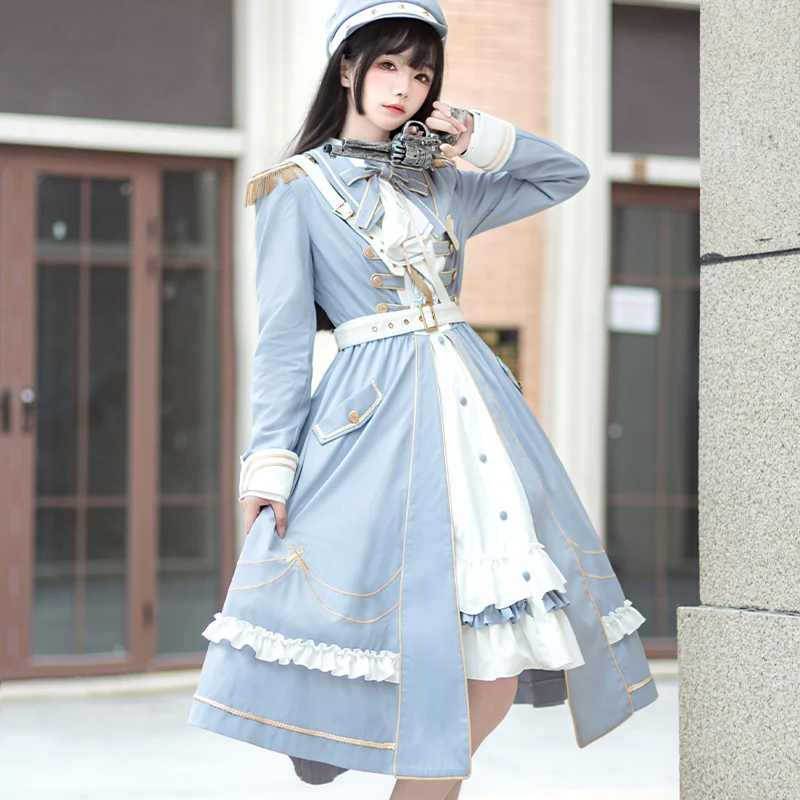 Medieval Retro Japanese Lolita Coat Cloak Military Style Cape Hat Set Long Sleeves Ruffle Classic Gothic Lolita Dress Harajuku