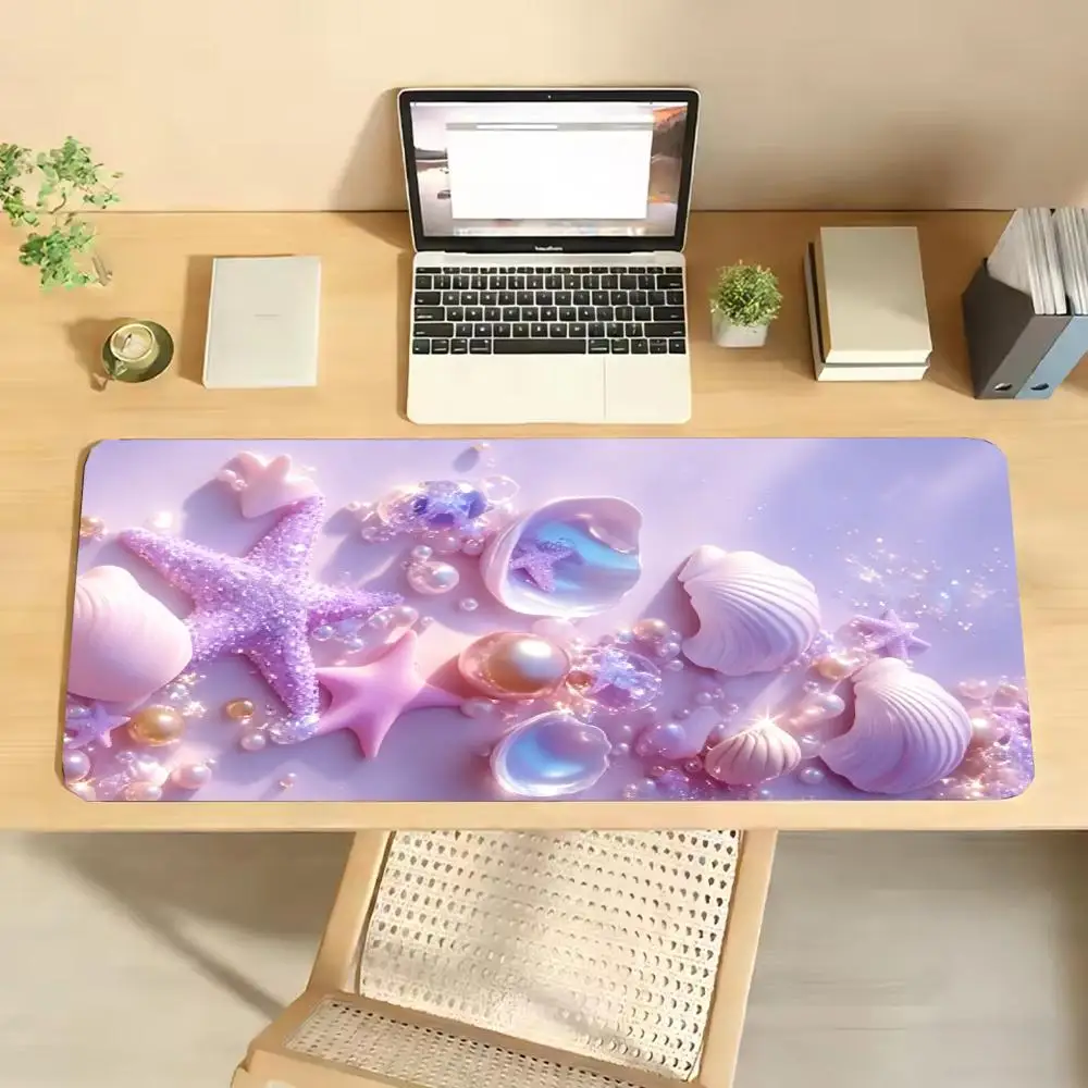 Cute Ocean Beach Design Desk Mat, Pastel Starfish Shell Pearl Pattern Large Gaming Mouse Pad, Non Slip Rubber Keyboard Pad