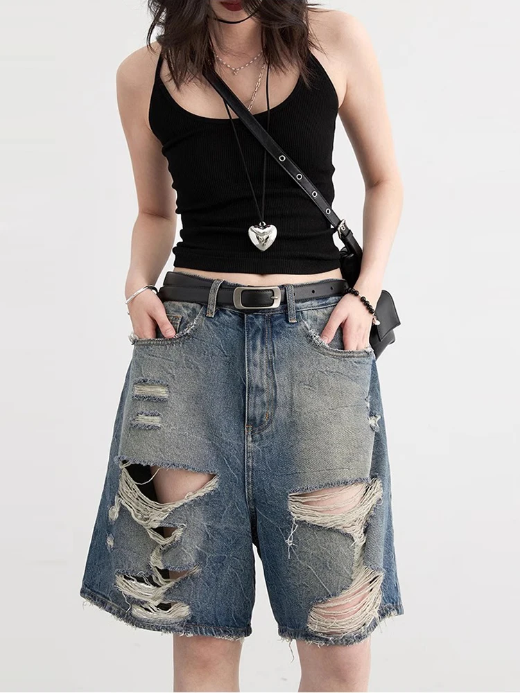 CHIC VEN Women Shorts Loose Blue Distressed Burr Edge Denim Shorts Wide Leg Short Jeans Female Pants Summer 2024