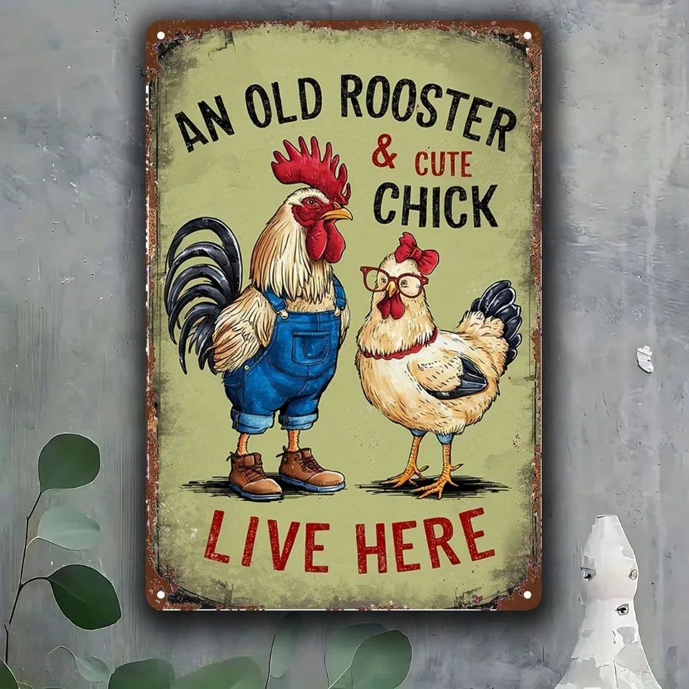 

Vintage Wall Art Metal Sign Farmhouse Rooster Hen Plaque 8x12 Inch Rustic Iron Weather-Resistant Indoor Decor