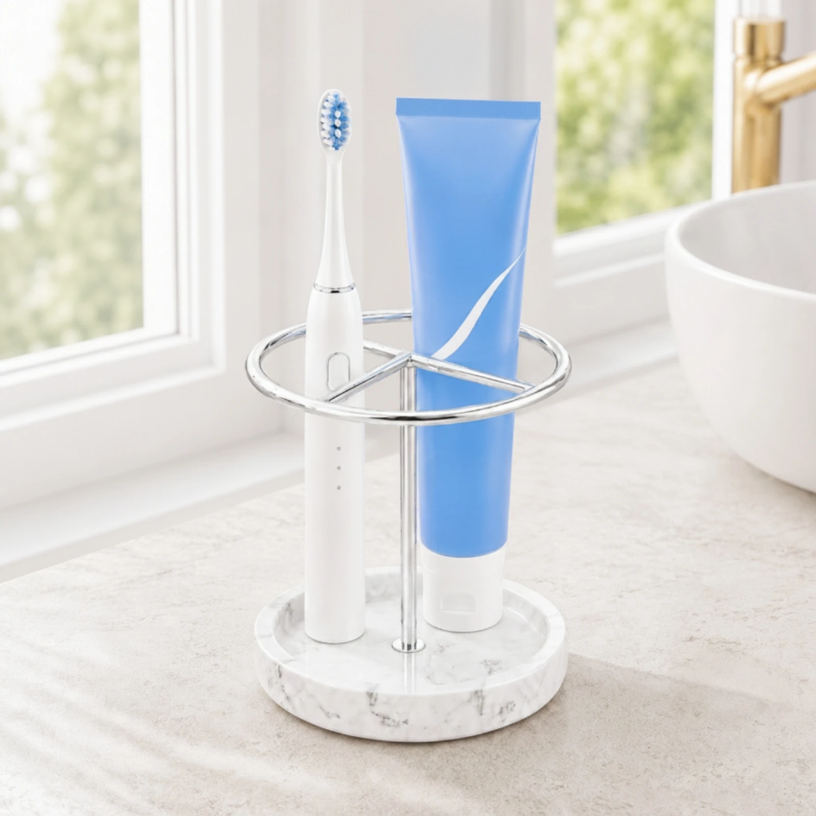 Toothbrush and Toothpaste Holder Stainless Steel Toothbrush Holder with Resin Base Countertop Organizer Marble-Like Space-Saving