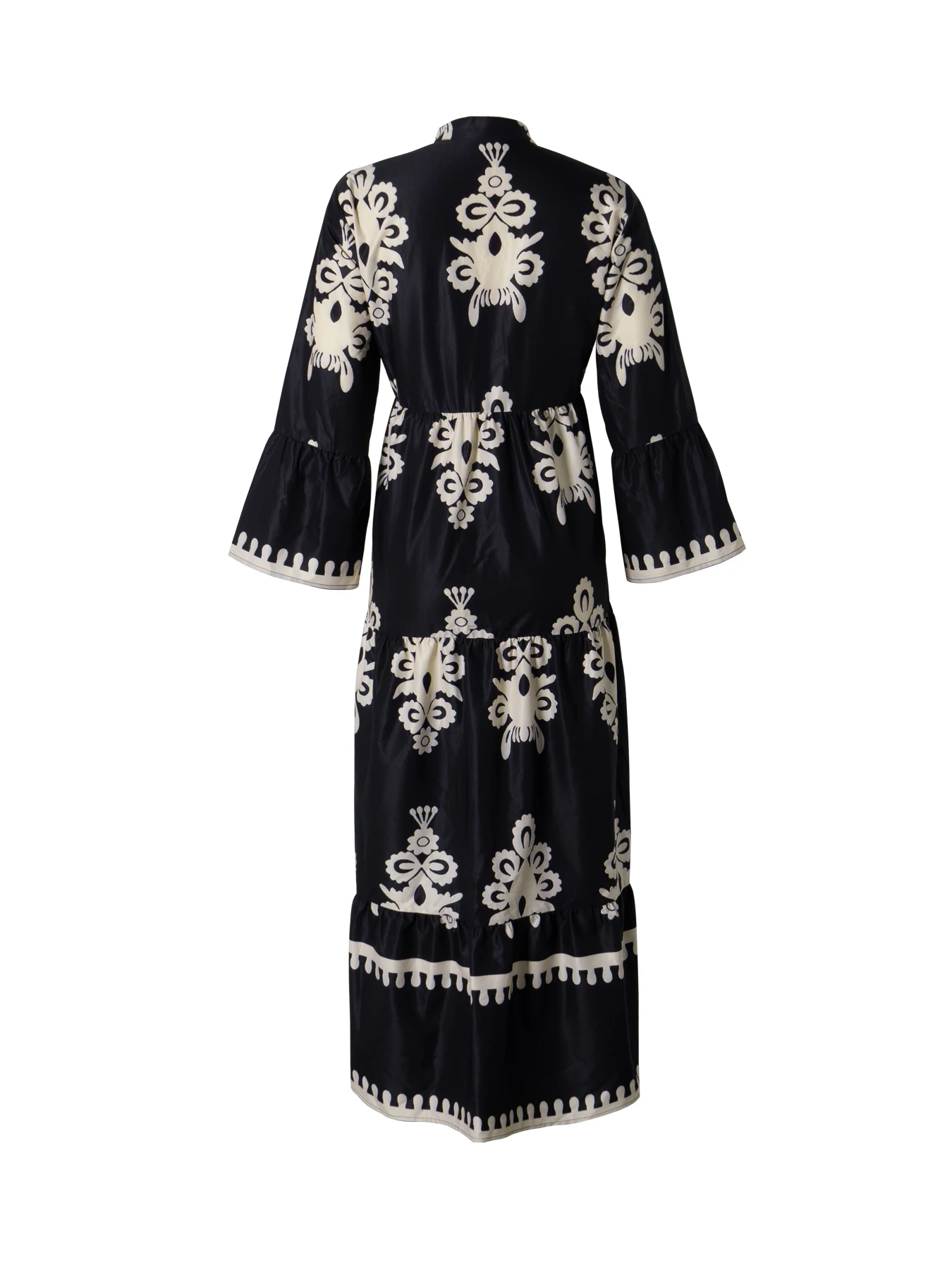 レディース 春夏 ブラック ベージュ ヴィンテージ 花柄 マンダリンカラー Vネック 七分袖 ベルスリーブ ティアード マキシ丈 ボヘミアン カジュアル バケーション