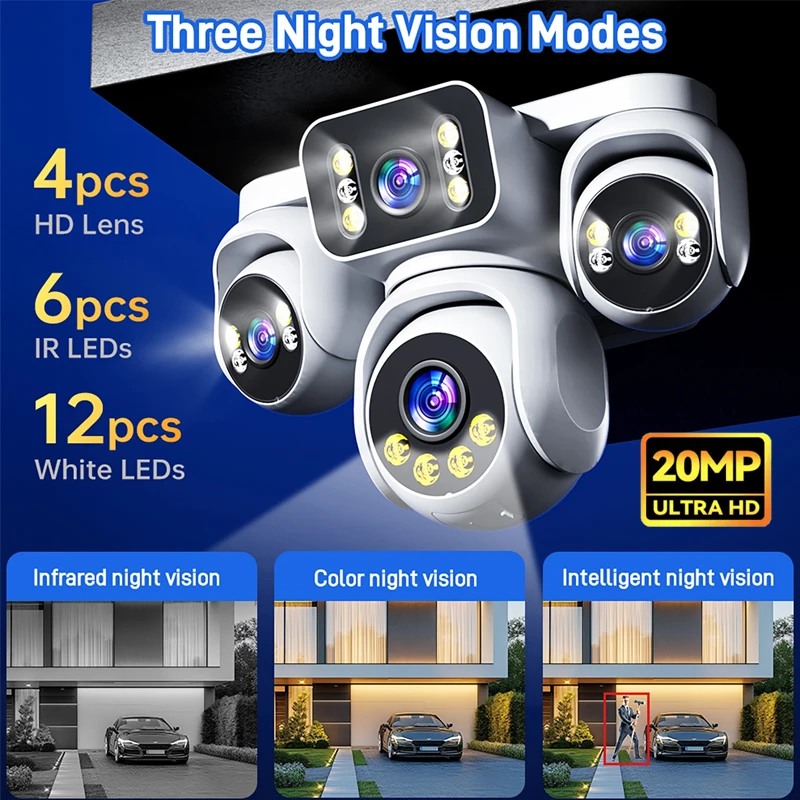 16X PTZ Zoom Four Screen 20MP WiFi Camera Four Lens CCTV Surveillance Waterproof Auto Tracking Security Protection IP Camera