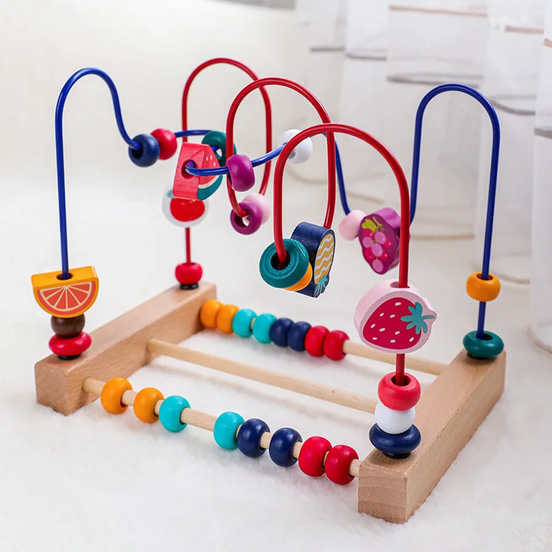 Montessori Roller Coaster Bead Maze Wooden Baby Toy Animal Fruit Style Maze Circles Around Beads Abacus Math Puzzle Toys Gifts