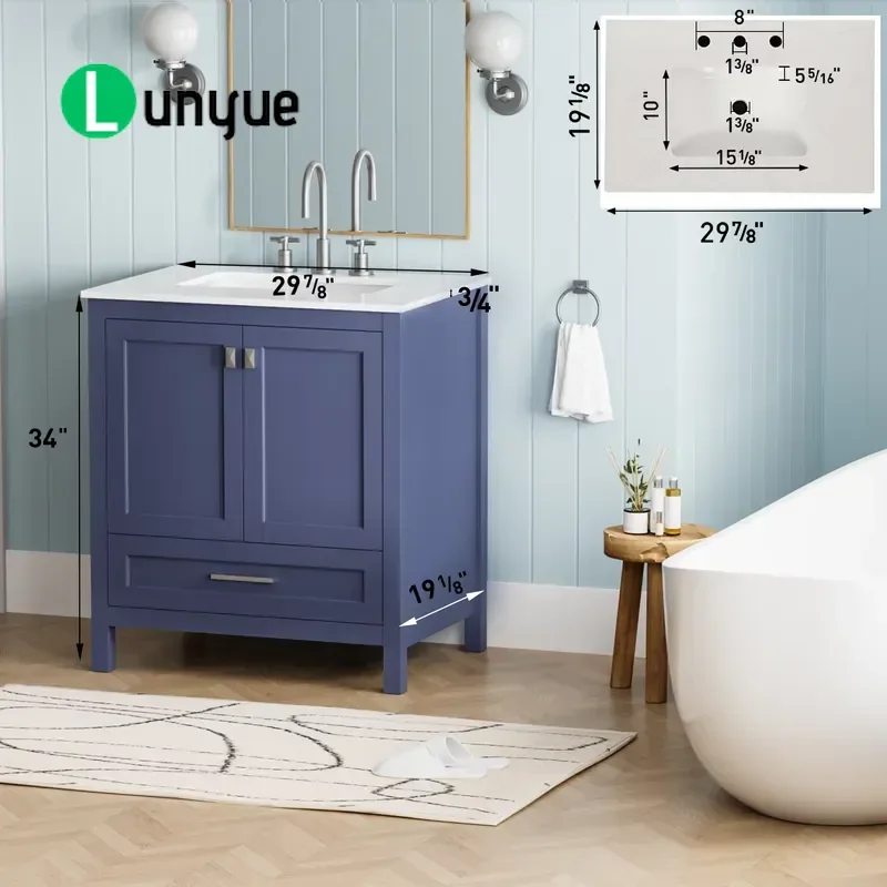 Modern Navy Blue Solid Wood 30 Inch Freestanding Bathroom Vanity Cabinet Eco-friendly Floor Vertical Storage for Home Decor