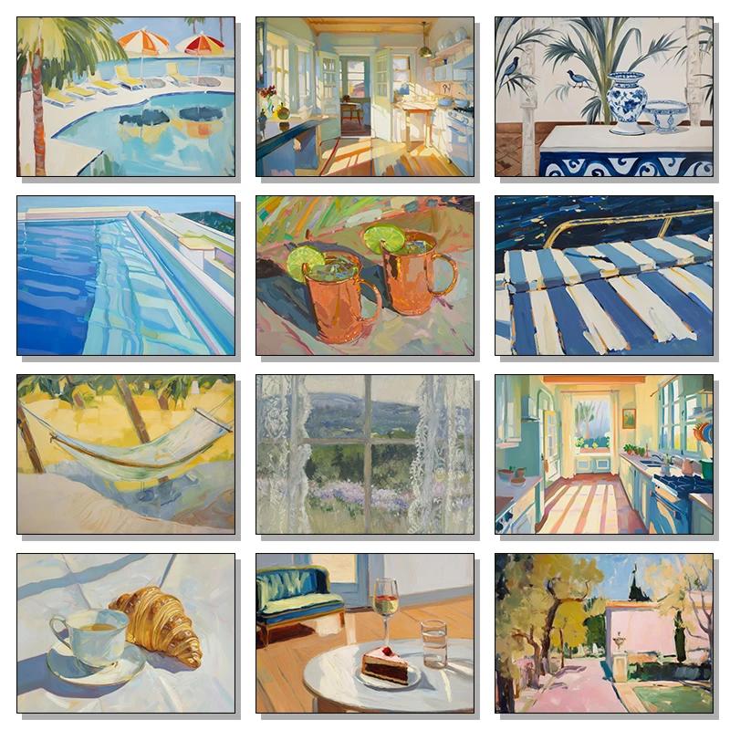 Pastellfarbene Cottagecore-Szene im Boho-Stil, Poster und Drucke, Leinwanddruck, Retro-Wandkunst, HD-Bild für Wohnzimmer, Heimdekoration