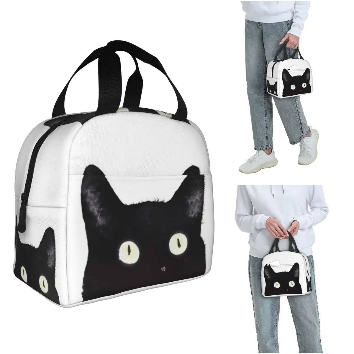 

Black Cat Peeking Up Insulated Lunch Bag for Women Kids Leakproof Food Boxes Thermal Lunch Box Tote