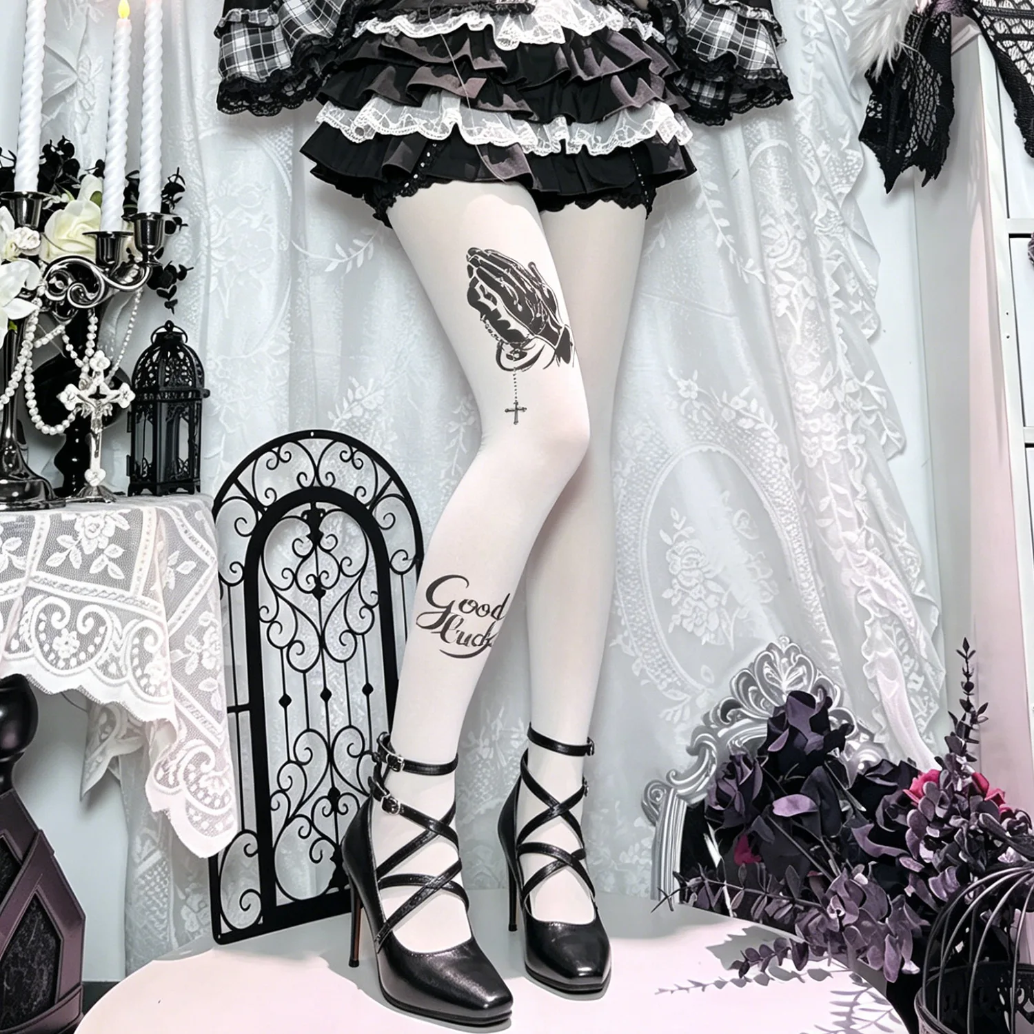 Y2K Gothic Inverted Cross Text Print White Tights Women Punk Dark Spice Girl Stretch Full Foot Pantyhose Ins Streetwear Stocking