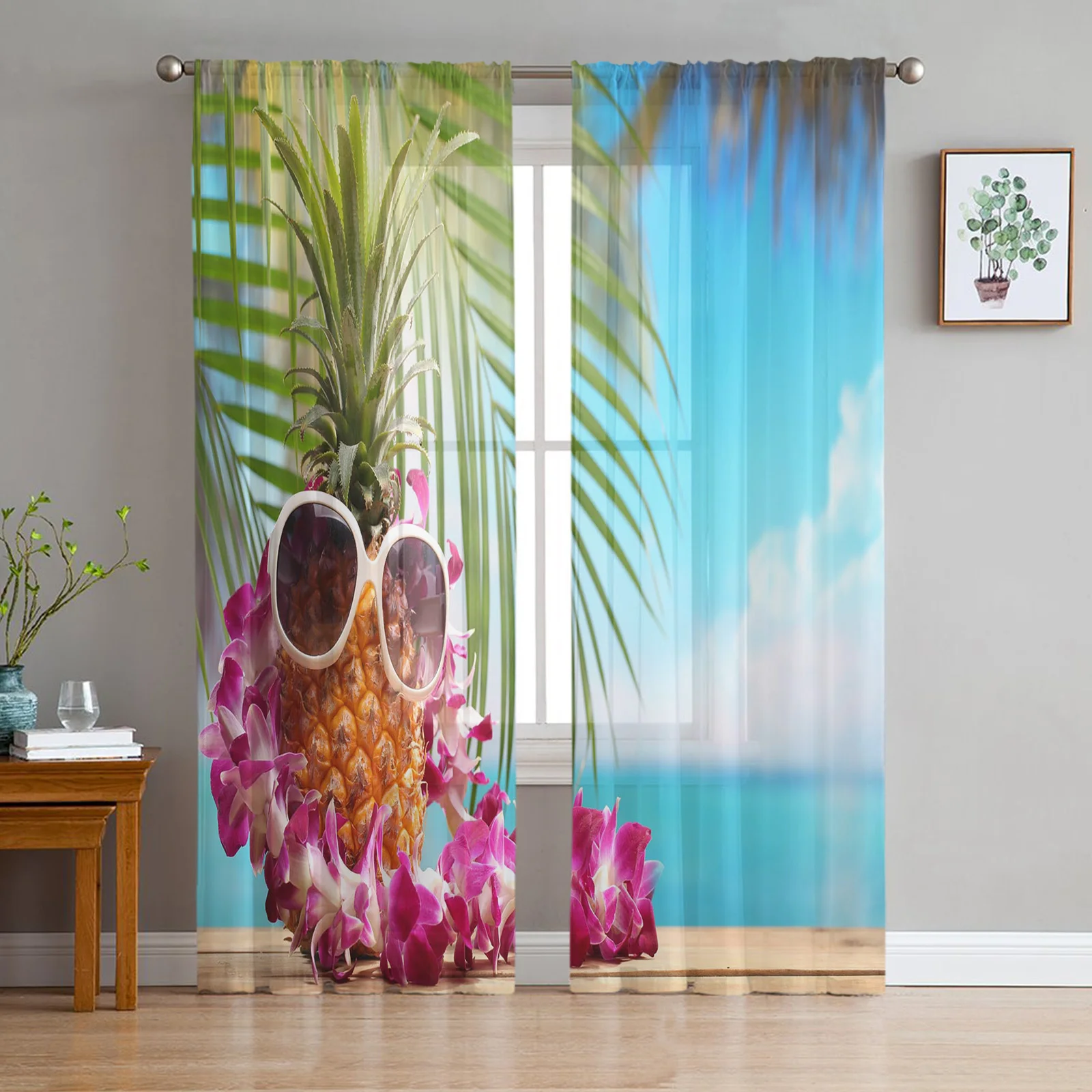 Pineapple Beach Glasses Blue Window Treatment Tulle Modern Sheer Curtains for Kitchen Living Room Bedroom Curtains Decor