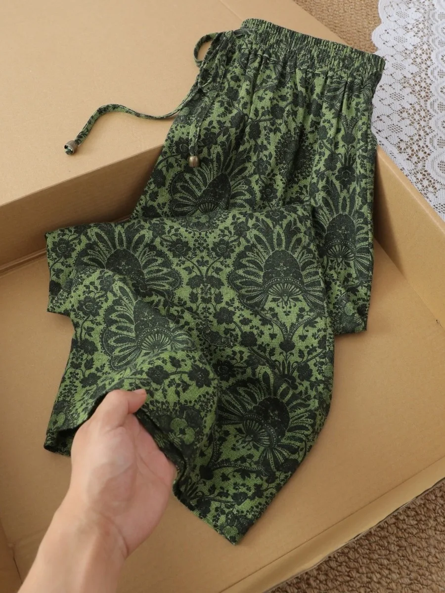 

Retro Artistic Green Print Cotton Linen Half Skirt Women's Summer New Loose Lightweight Breathable Drapey Straight Skirt