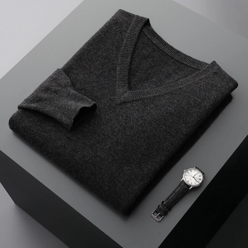 Autumn And Winter New Men\'s V-Neck Cashmere Loose Thickened Solid Color Wool Knitted Bottoming Shirt Business Casual Sweater