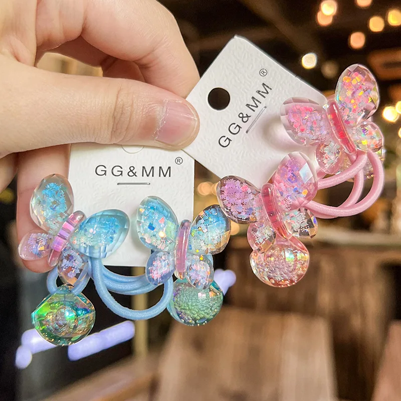 2pcs/lot Cartoon Butterfly Lovely Girls Kids Elastic Hair Bands Princess Hair Accessories Children Hair Ties Baby Headwear image 2