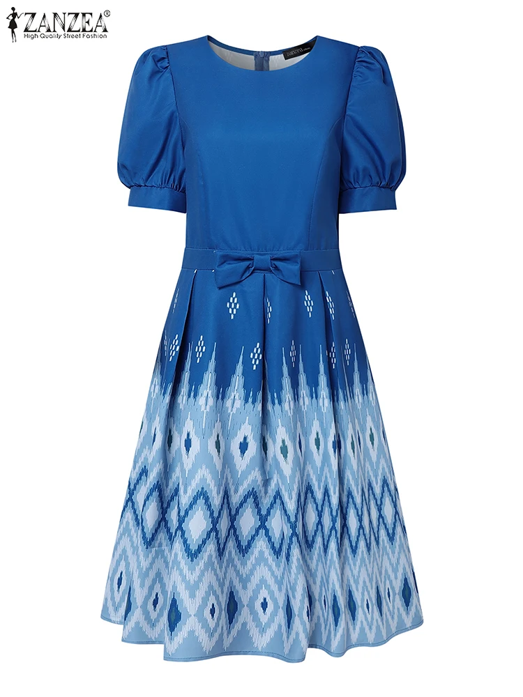 ZANZEA Donne Eleganti Abiti A-Line Manica Corta a Soffio Bohemian Stampato Vestito Estivo 2025 Estate Arco a Vita Alta Festa Vestido