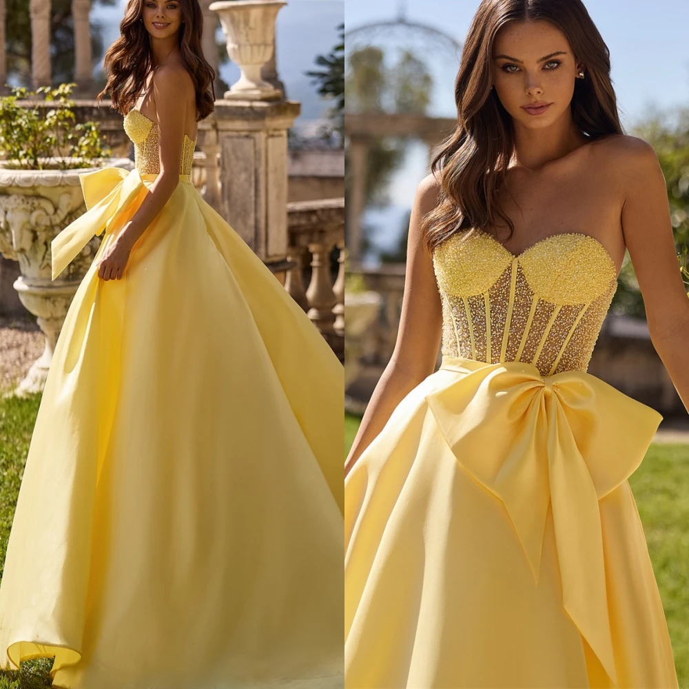Customized Strapless Sleeveless Satin A-Line Evening Dress Exquisite Special Occasion Gowns Luxury Crystal Prom Dresses