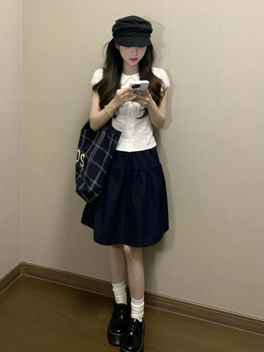 

Casual Sportswear Set Women Summer 2026 Doll Collar White Shirt Half Skirt Slimming Anti-aging Two-piece Set Bubble Sleeve ...