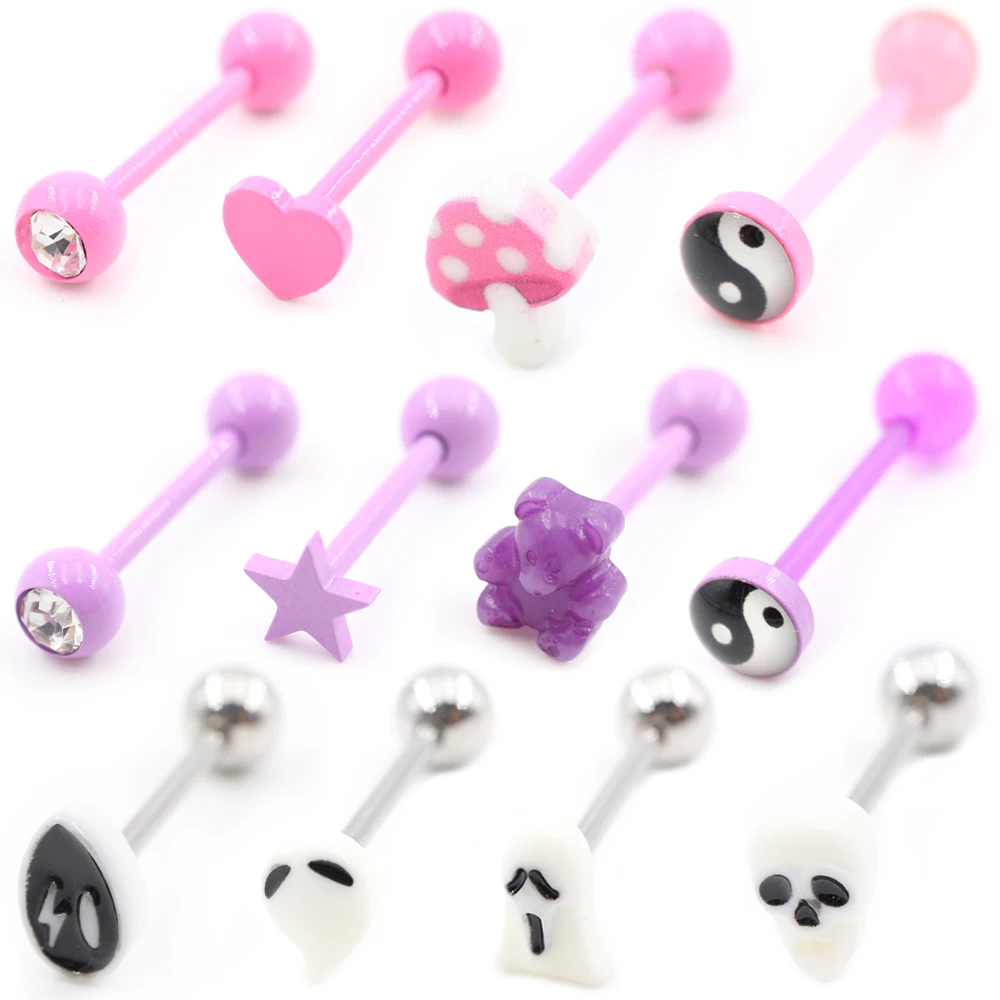 Alisouy 1PC Stainless Steel Ball Heart Star Acrylic Bear Mushroom Skull Tai Chi CZ Tongue Ring Ear Earring Piercing Body Jewelry