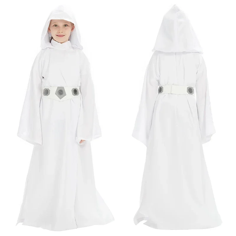 ผู้หญิง Leia คอสเพลย์แฟนตาซีสีขาว Robe ภาพยนตร์ Space Battle เครื่องแต่งกายปลอมตัวเด็กผู้ใหญ่ COSPLAY Roleplay ชุด