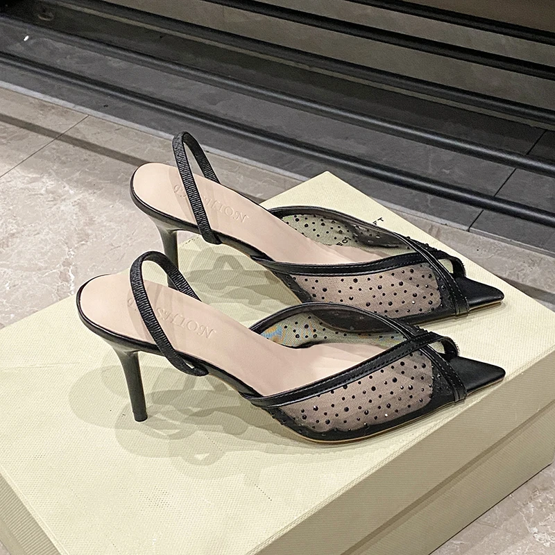 Pointed Toe Open Toe Non-Tired Feet High Heel Fish Mouth Shoes Ankle Strap Rhinestone Lace Stiletto Heel Sandals