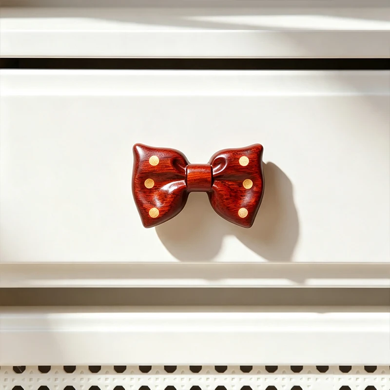Solid Wood Inlaid Red Bow Shaped Cabinet Knob, Hand Carved Wooden Drawer Pull Handle For Jewelry Box Dresser Cabinet