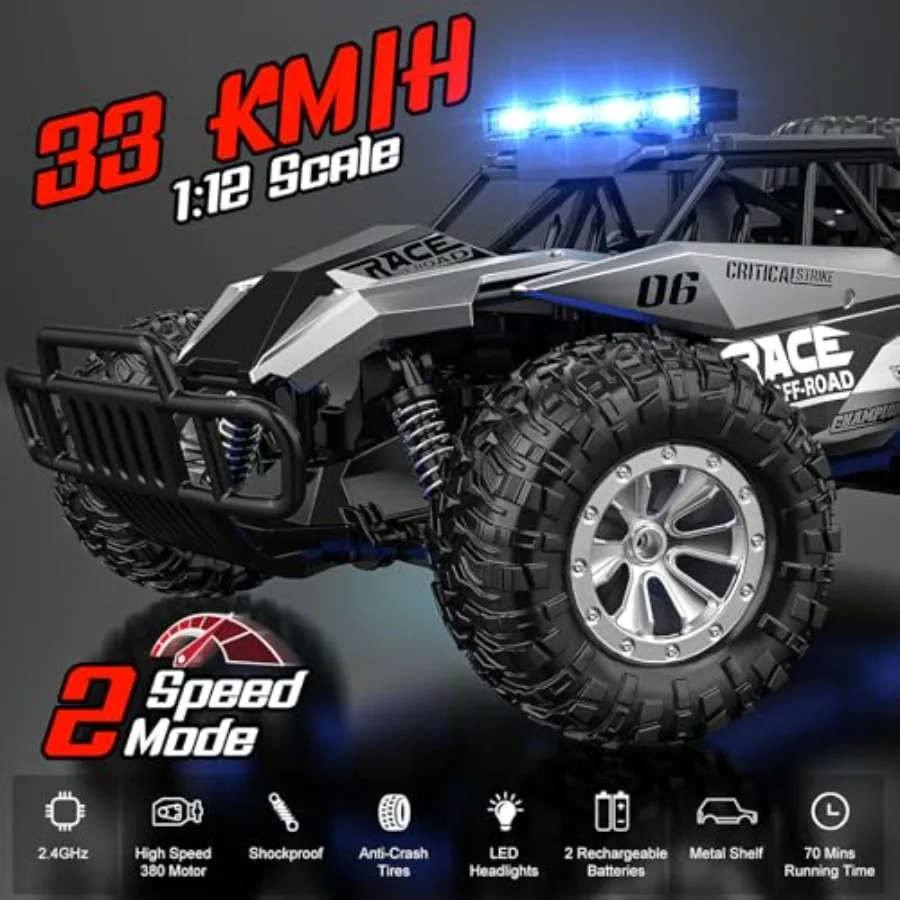 Remote Control Car For Off-Road Use, ABS Plastic, Black And Red, 2.4GHz High Speed 33KM/H With LED Headlight And Rechargeable B