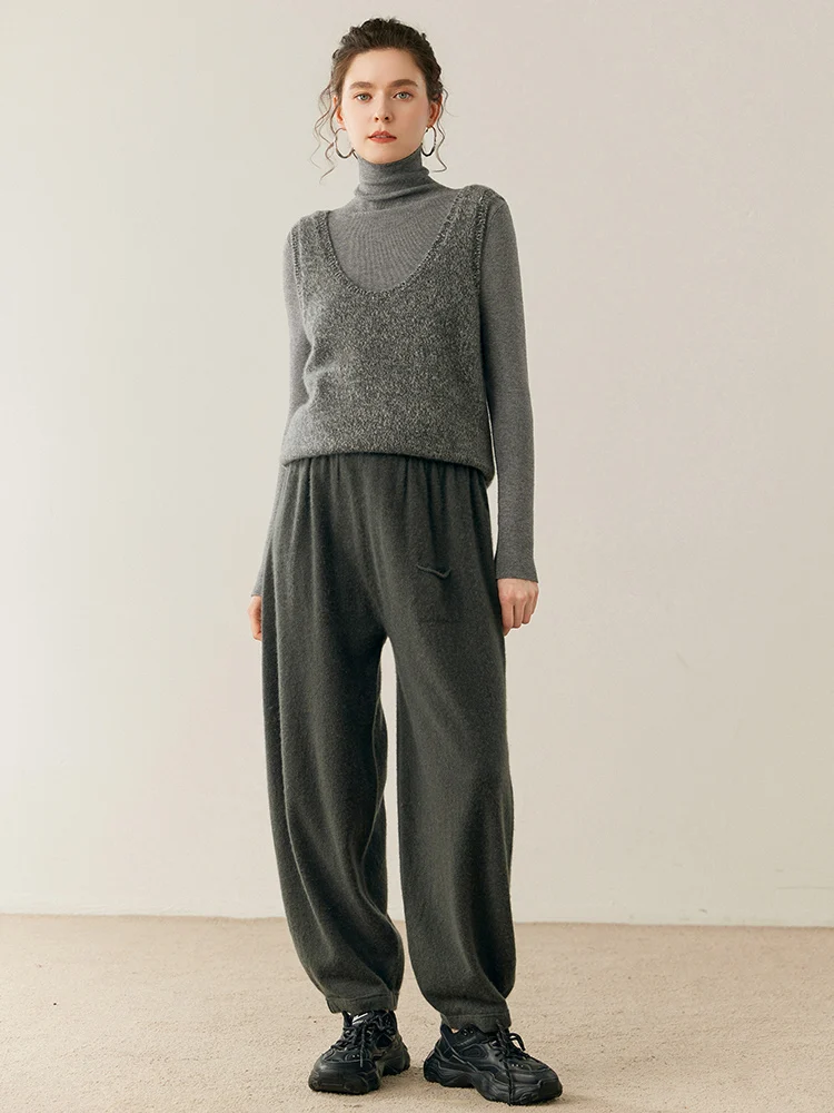 

CHICUU Women's 100% Cashmere Knitted Bloomers Pants Autumn Winter Thick Soft Warm Casual Style Trousers Cashmere Pants
