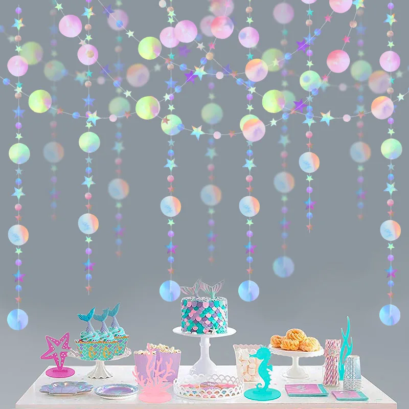 Laser Mirror Paper Star Dot Garland for Wedding Kids 1st Mermaid Birthday Party Decoration Baby Shower Christmas Hanging Banner 