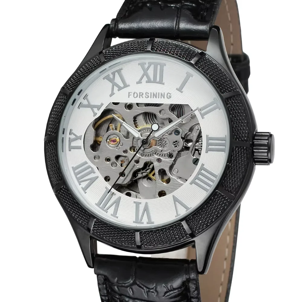 FORSINING Simple mechanical watch hollow Roman digital scale penetrable mechanical watch Circular belt Men's watch
