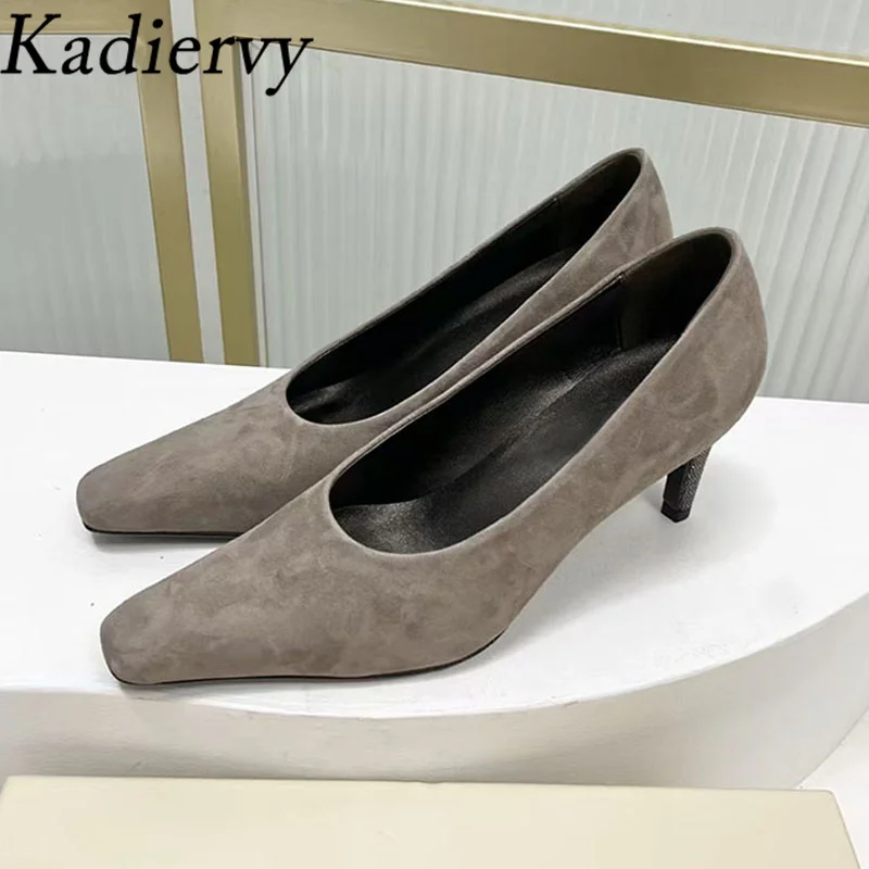 

New Women Pumps Square Toe Slip-on Suede Leather Runway Shoes Woman String Bead High Heels Women's Shoes Zapatos De Mujer