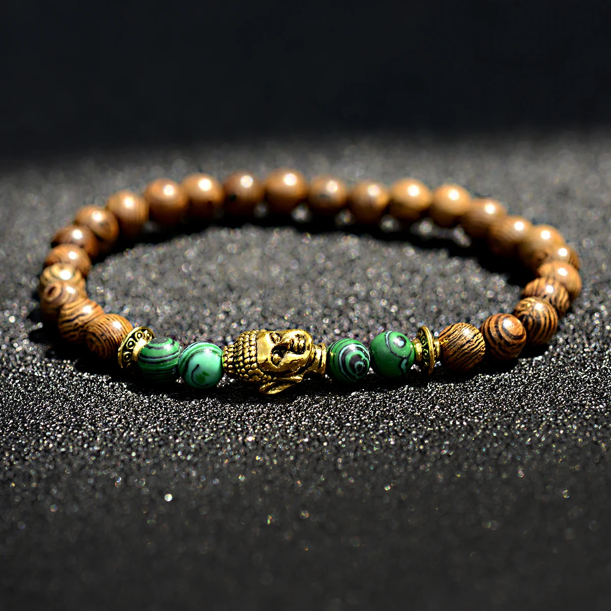 New Fashion Men's Bracelet Natural Wood Malachite Buddha Head Beads Bracelets Elastic Stretch Homme Yoga Jewelry pulsera