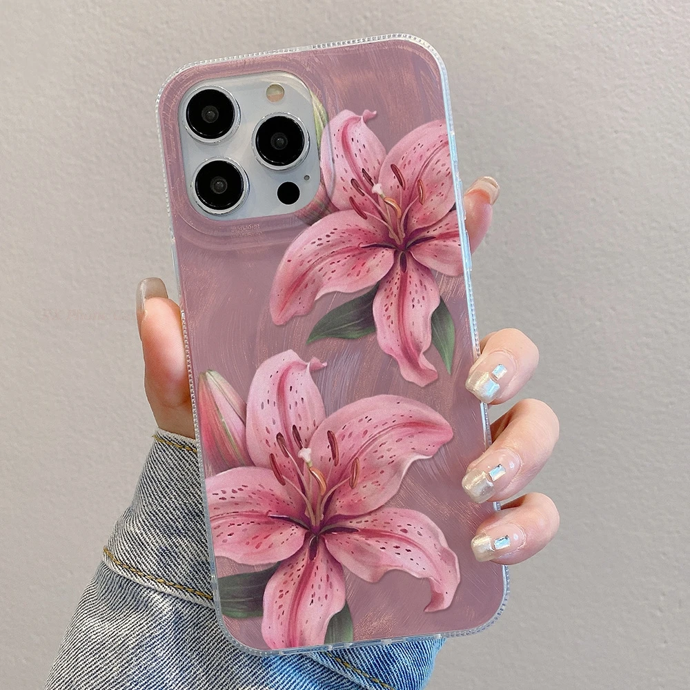 Pink lily Fashion Cool Silver Phone Case For Samsung S26 Ultra S25 Plus S26 S25 Ultra S25 S24 S22 A56 A36 Candy Color Back Cover