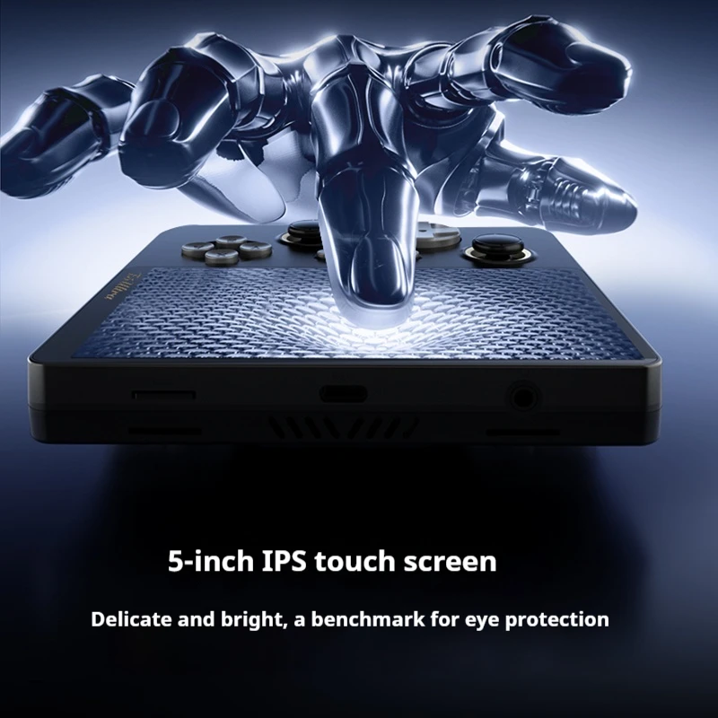 GAMEMT E5 وحدة تحكم ألعاب محمولة للغاية 5 بوصة 1280 × 720 IPS شاشة تعمل باللمس 5000 مللي أمبير في الساعة عصا تحكم ذات تأثير القاعة جهاز ألعاب محمول يعمل بنظام أندرويد