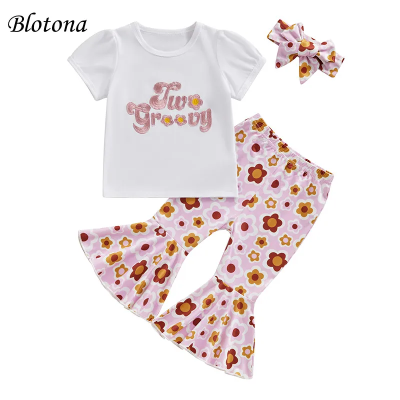 

Blotona Baby Girls Outfit, Ghost Flower Print Long Sleeve Crew Neck T-shirt with Flare Pants Headband Summer Outfit 1-3Y