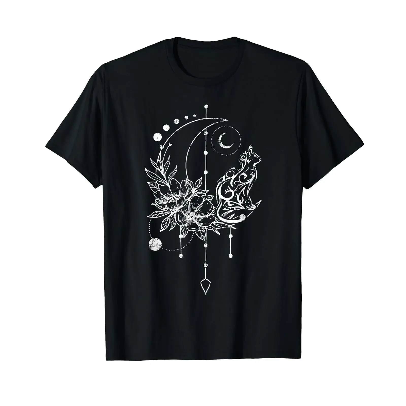 Crescent Moon Cat Dream Catcher Flowers T Shirt black s vintage Washed Casual Unisex homme Slightly graphic Soft