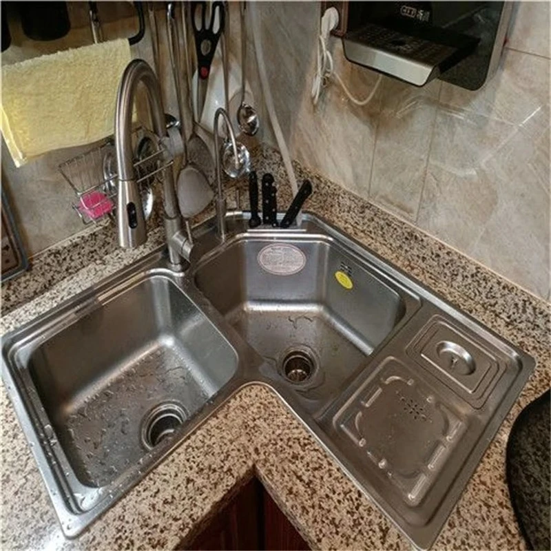 Stainless Steel Corner Kitchen Sinks Creative Kitchen Accessories Home Drain Double Slot Wash Basin Chinese Balcony Brushed Sink