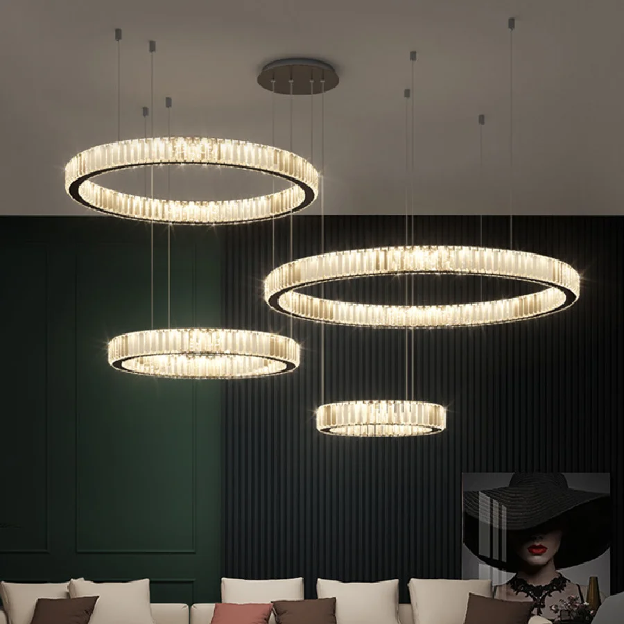 

Luxury Living Room Modern Lustre Led Dimmable Pendant Lights Chrome/Gold/Black Steel Circle Hanging Lamp K9 Crystal Suspend Lamp