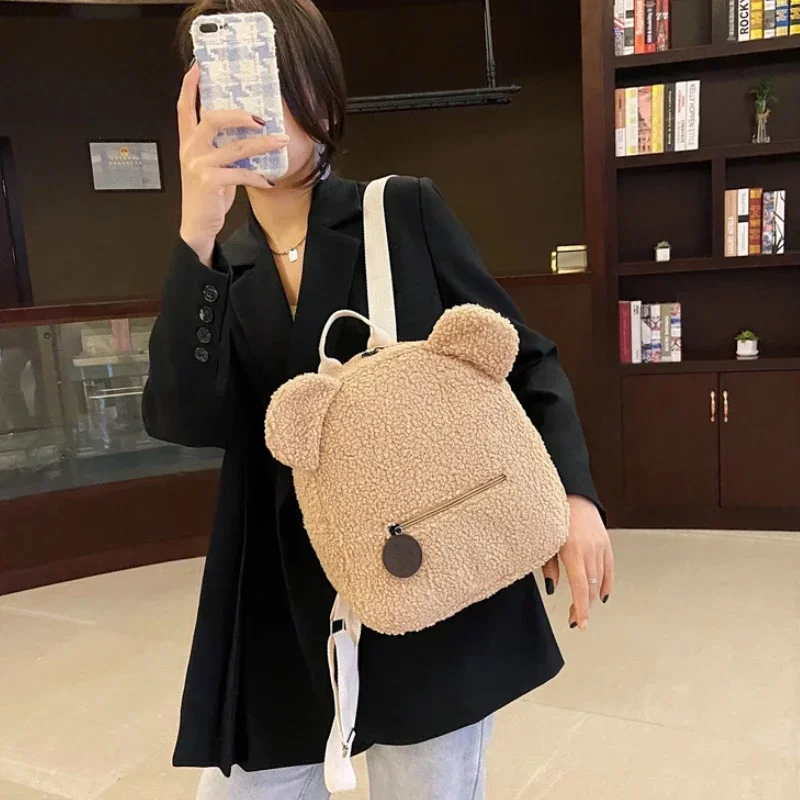 Cute Bear Ear Fleece Small Backpack Kids Girls Casual Warm Lambswool Daypack Bag Schoolbag Rucksack for Travel Shopping