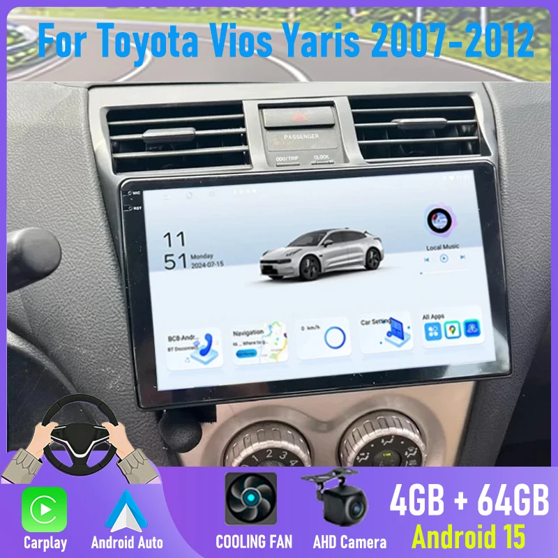 2 din Android 14 Auto Stereo Car radio For Toyota VIOS Yaris 2007-2012 Multimedia Carplay Autoraido GPS navigation
