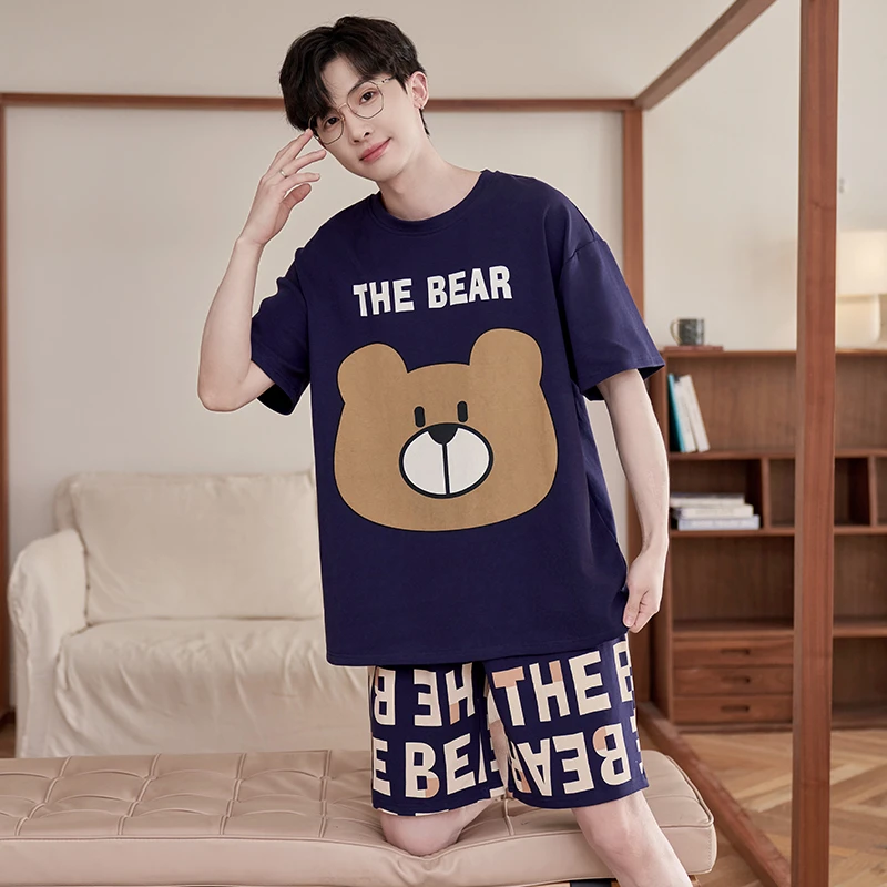 3XL Summer Men's Pijama Sets Cotton Short Sleepwear Cute Bear Male Homewear Pyjamas Korean Loose Pajamas Conjuntos de Pijama