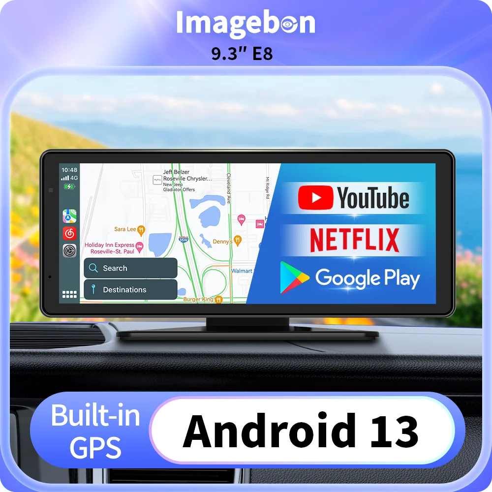 

Imagebon E8 9.3″ Android 13 Car Camera Wireless CarPlay & Android Auto Dashcam WiFi GPS Youtube Netflix Rearview Mirror Cam