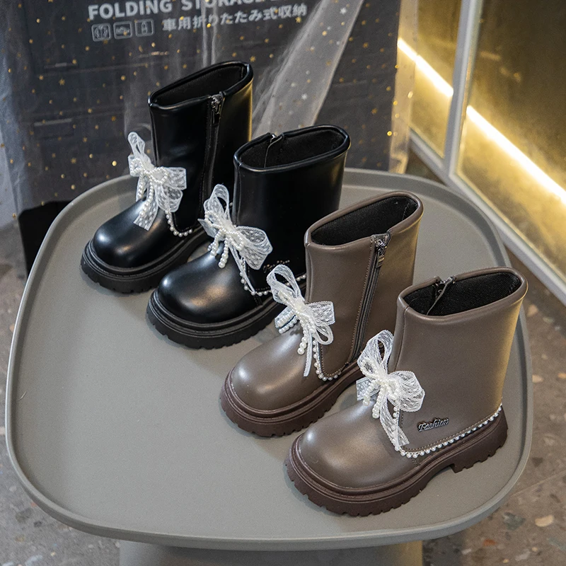

Winter Girl's Snow Boots Round Toe Zipper Bowknot Chunky Chic Kid's Flat Shoe Black Brown Pu Leather Plush Warm Children Shoe
