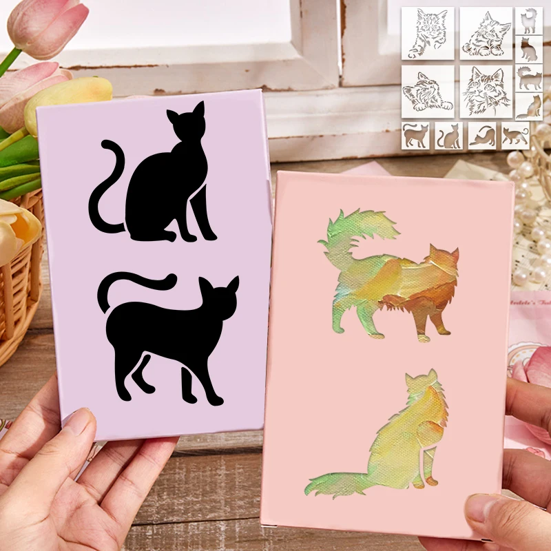 YOMDID 12pcs Lovely Cat Series Graffiti Stencils Reusable DIY cat Multi-Pattern Painting Hollow Out Decorative Templates