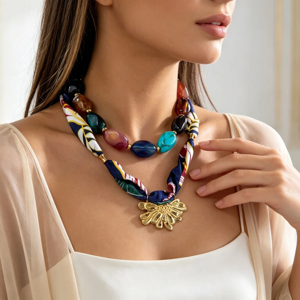 Botanisch bedruckter marineblauer Schal, Edelstahl-Halskette mit geprägten Blumen für Damen, unregelmäßiger Acryl-Perlen-Choker-Schmuck – Detail 11