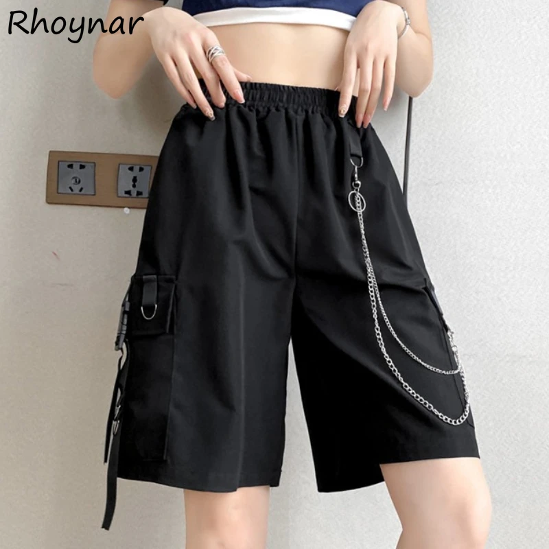 Cargo Shorts Women Summer Cool Couples Unisex Solid Chain Baggy Elastic Waist Fashion Casual All-match Streetwear Trendy Retro