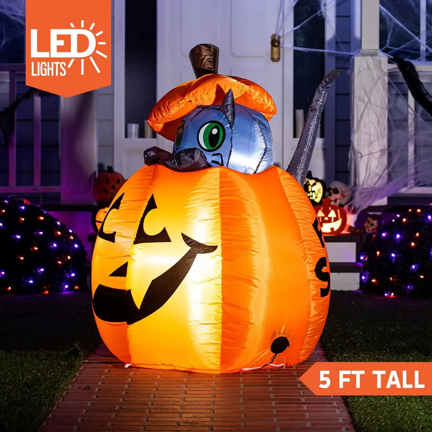 Joyfy 5 pieds animé Kitty chat Halloween gonflable sur citrouille décoration extérieure Halloween gonflable cour pelouse gonflable